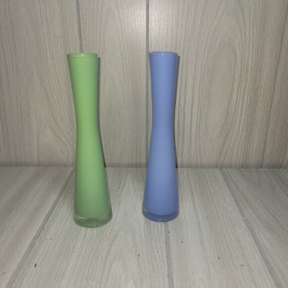 Vintage Frosted Blue And Green Hour Glass Shaped Bud Vases MCM  8.5" Unique - Picture 2 of 7